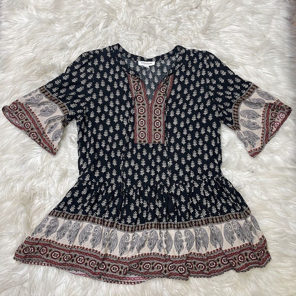 Beach Lunch Lounge Tunic Top Womens XS Black Red Paisley Tassel Tie Boho Peasant